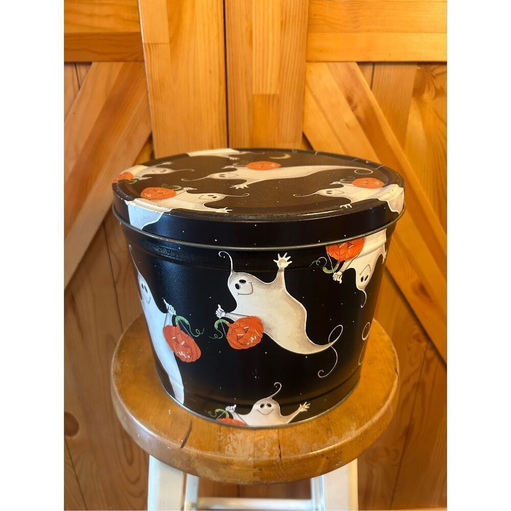 Vintage The POPCORN FACTORY Metal Tin Halloween Ghosts
